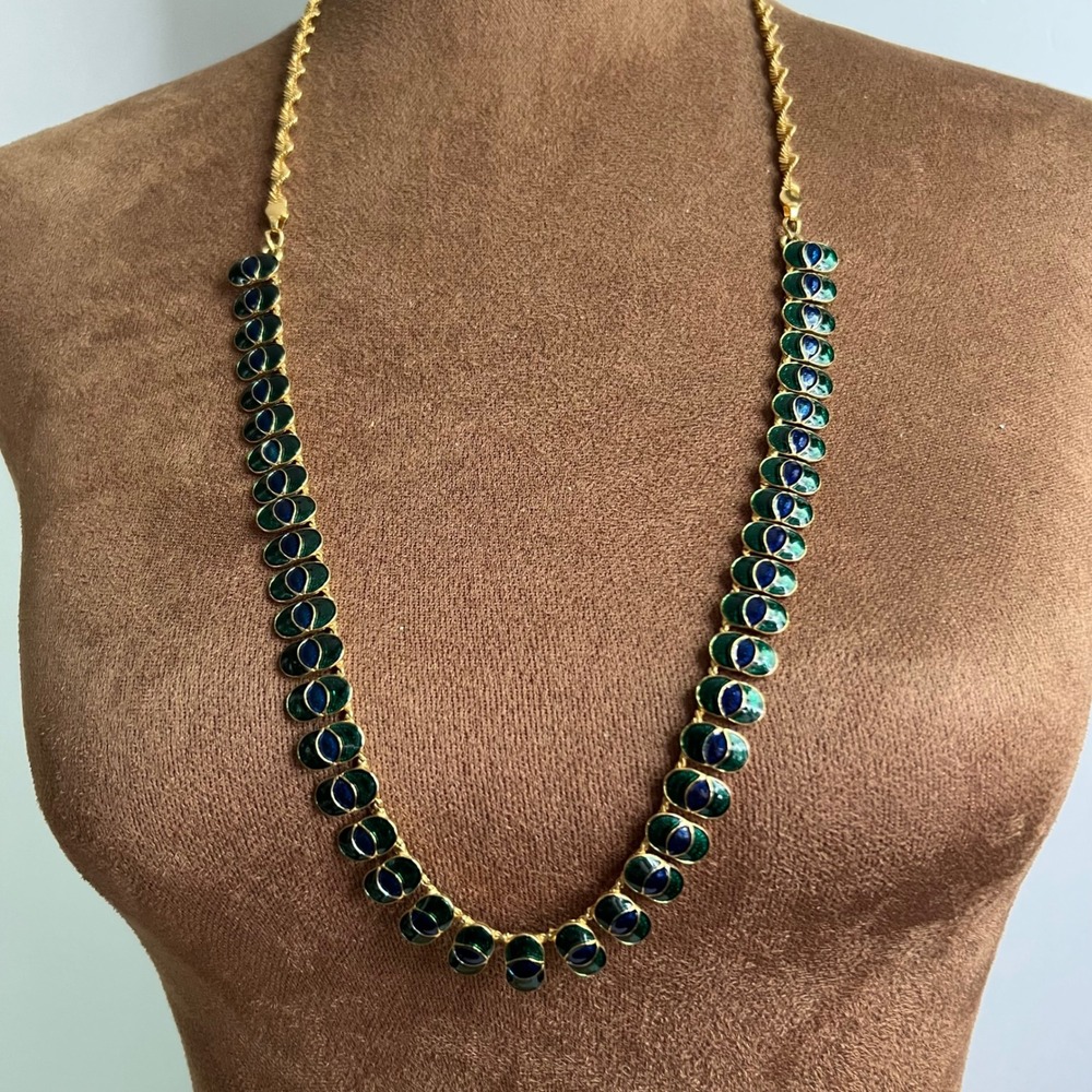 OG Vtg Gold Tone Green Blue Enamel Station 30 Inch Necklace Size 30" Maximalist